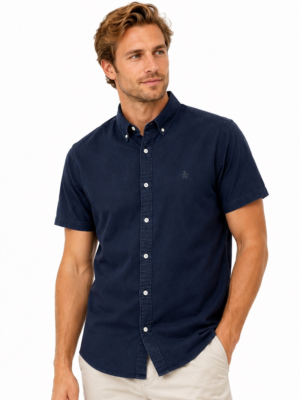 Original Penguin 100% Cotton Button-Down Shirt LARGE Classic Navy Short Sleeve
